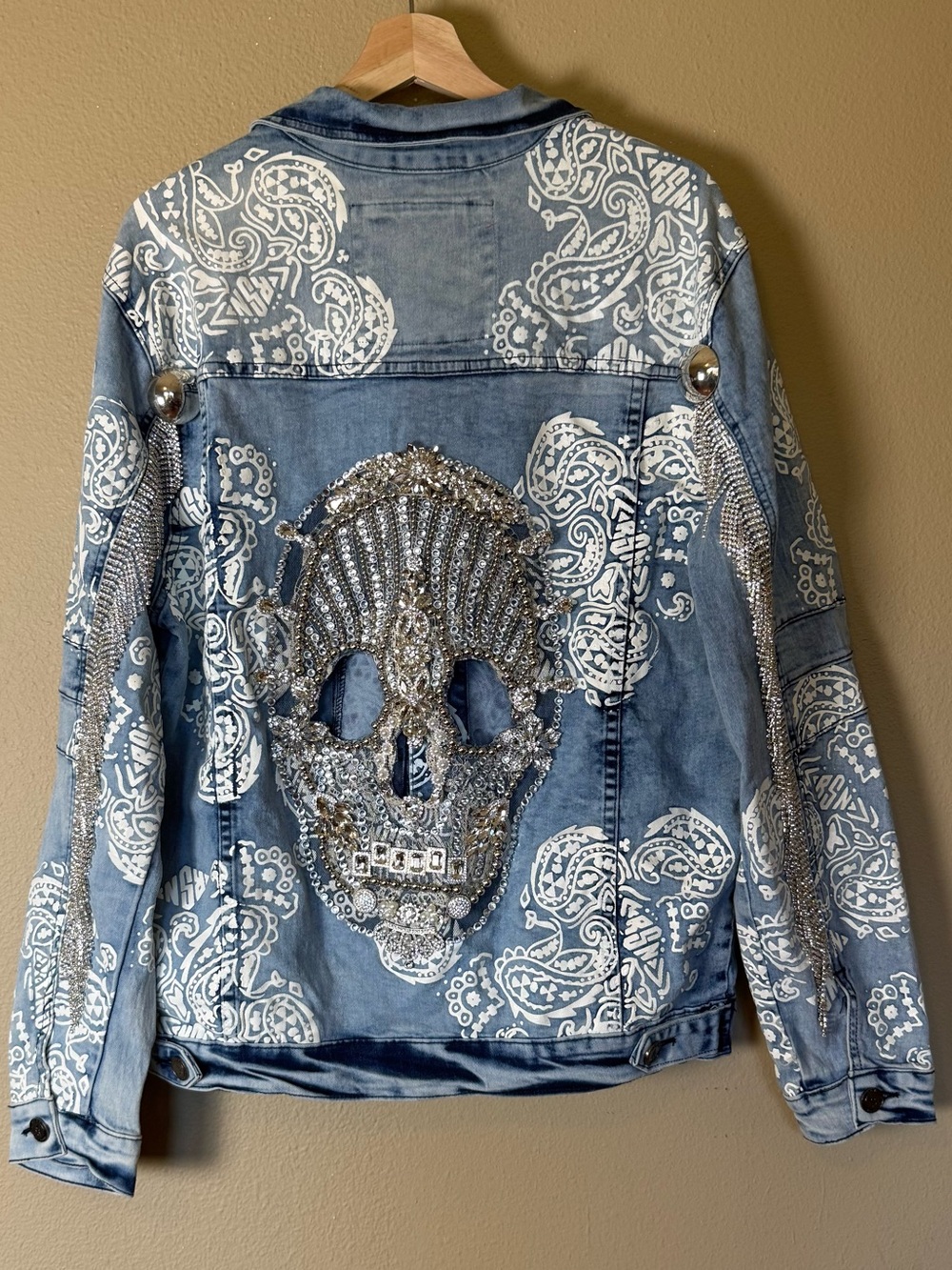 Handmade By Kosturakis Rhinestone Pearl Embellished Skull Denim Jacket Large